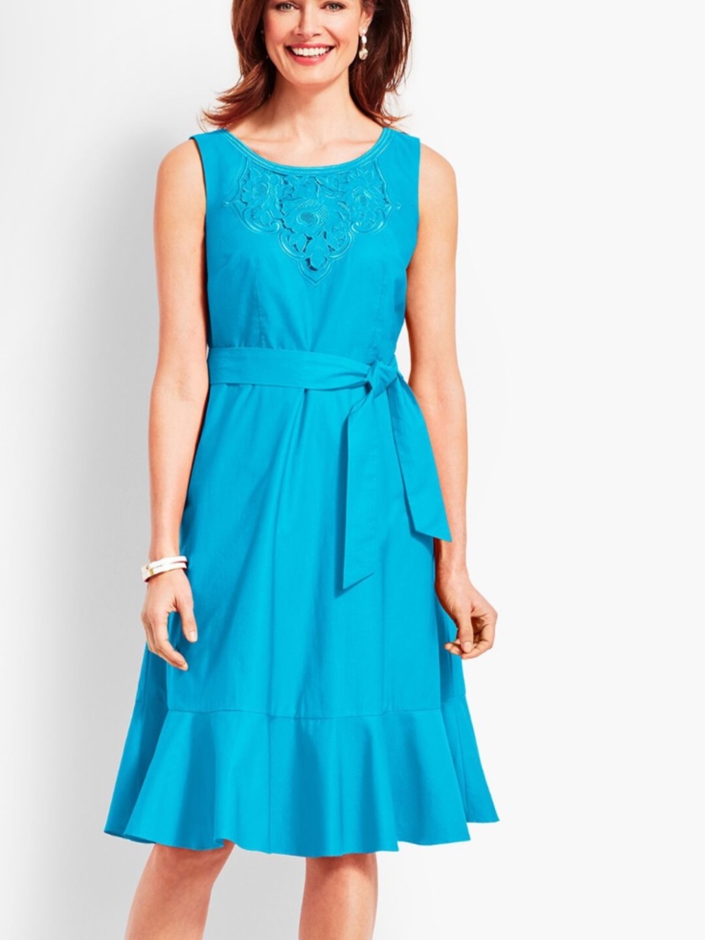 Talbots EMBROIDERED SATEEN FIT-AND-FLARE DRESS in blue new nwt